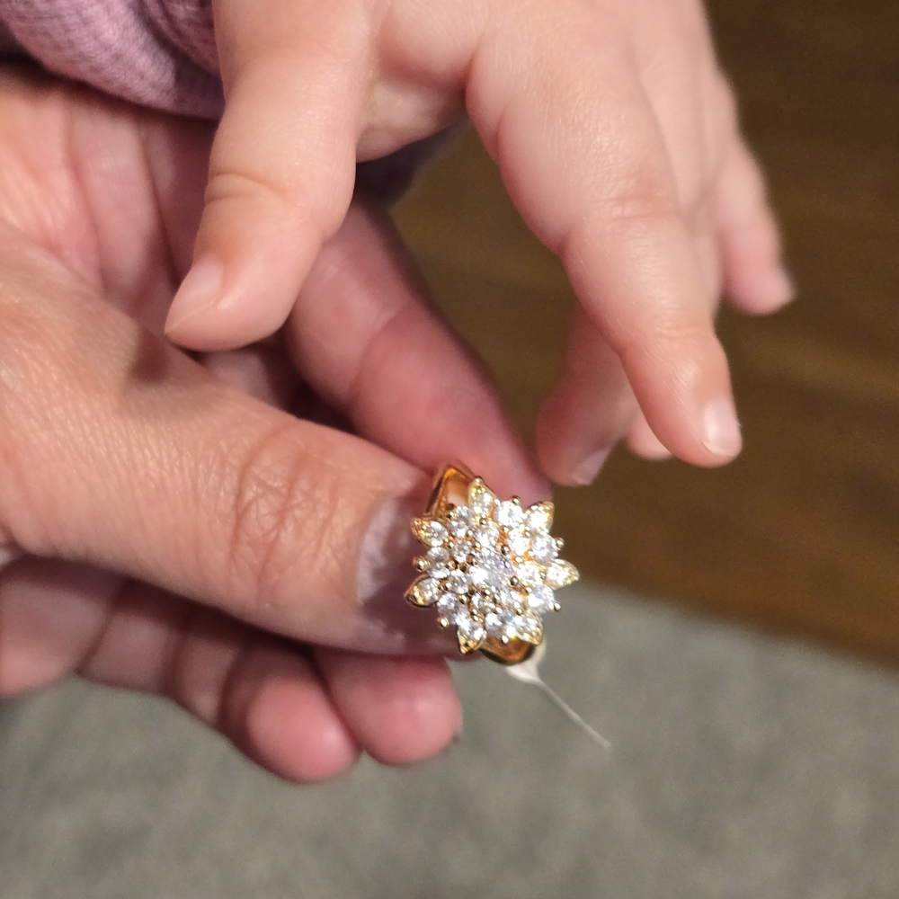 Gold Floral Cluster Ring with Clear Stones - Size 7 - Picture 2 of 3